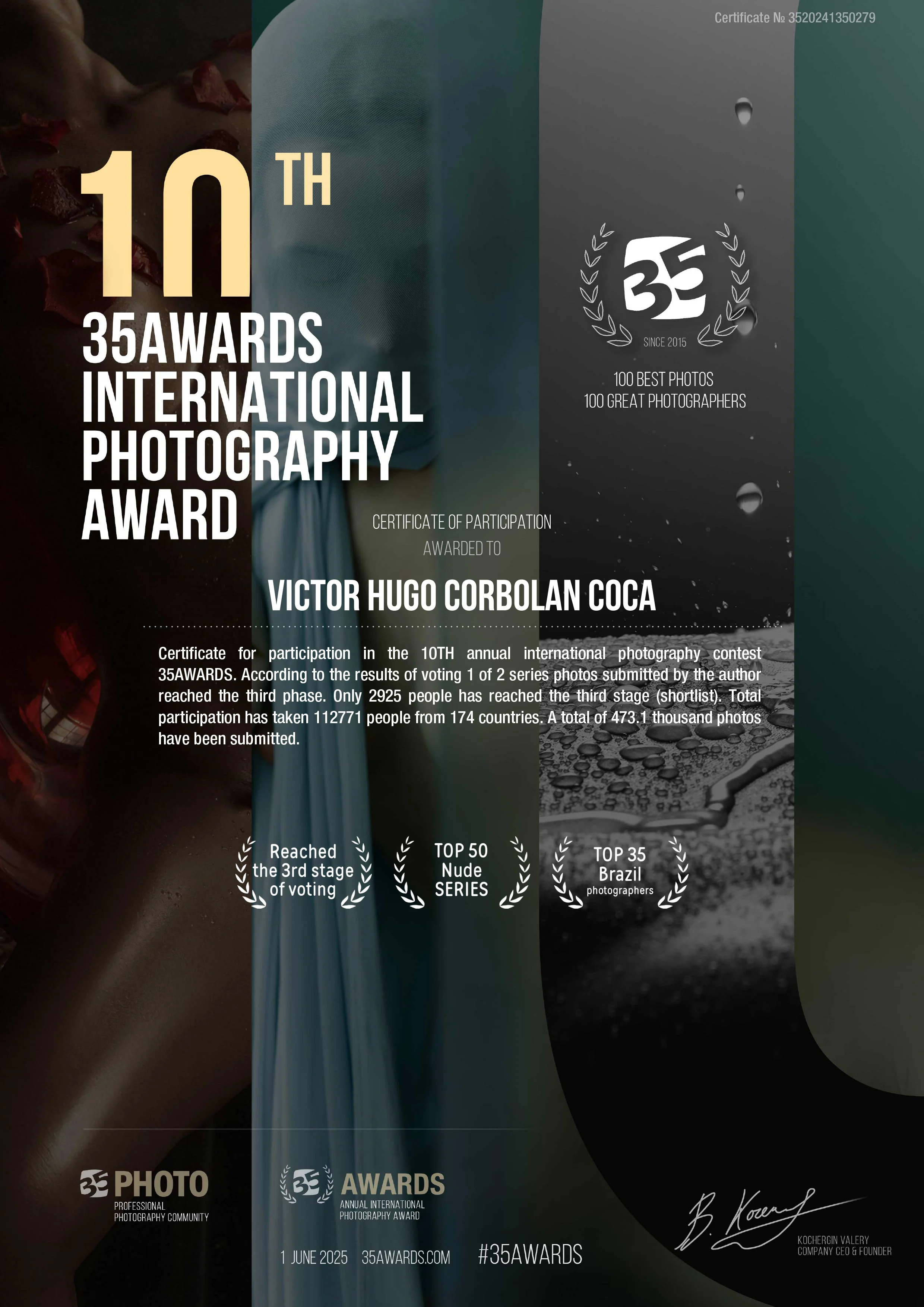 Certificado 35Awards 2025 · Victor Hugo Corbolan Coca — Top 35 Brasil e Top 50 Nude Series